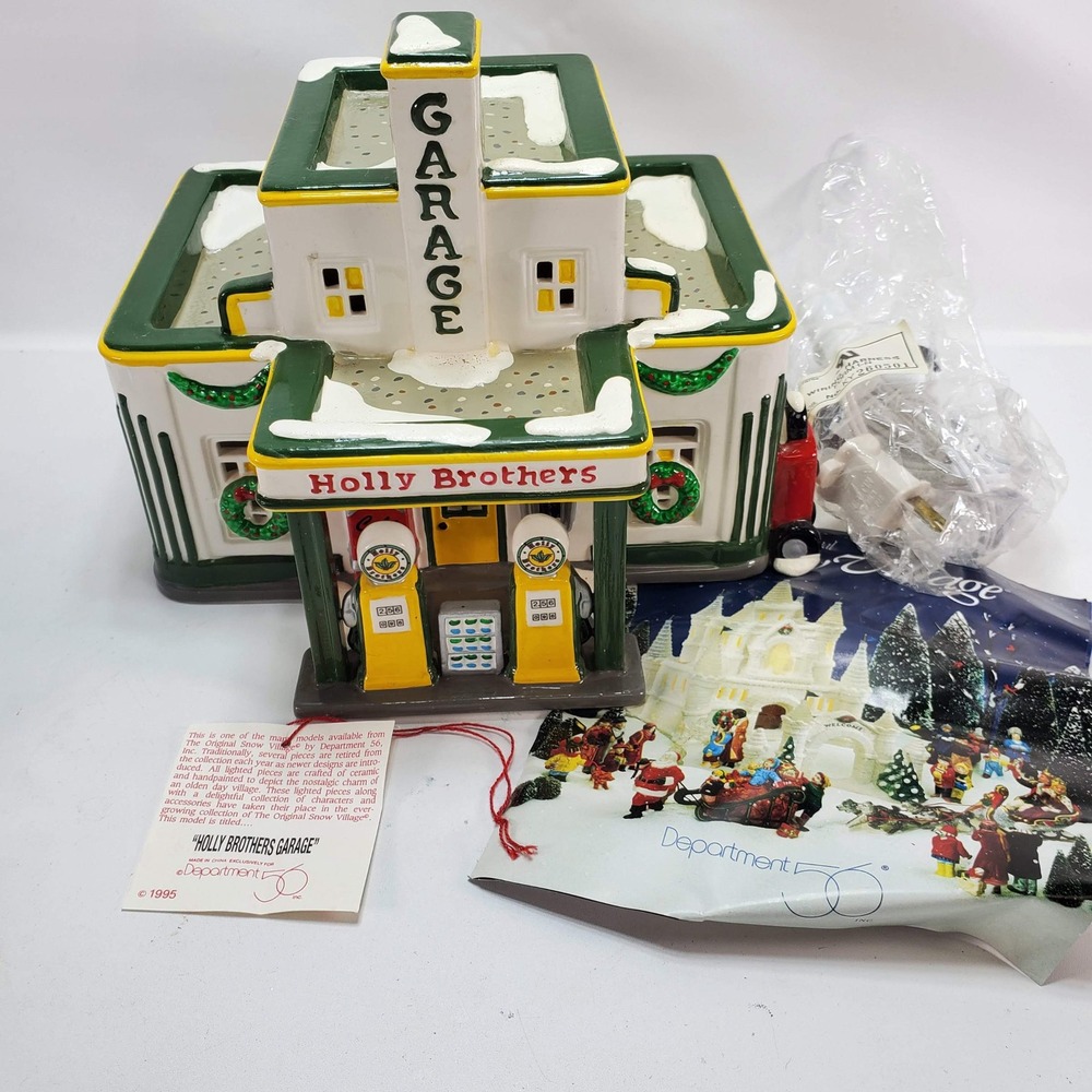 Dept 56 Holly Brothers Garage Snow Village 1995 Lighted Ceramic Gas Station